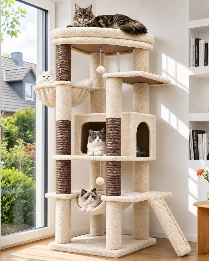 Globlazer Kratzbaum Stabil Beige mit Grosse Loungebereich für 2/3 Katzen S56 | Katzenbaum 143cm Plat