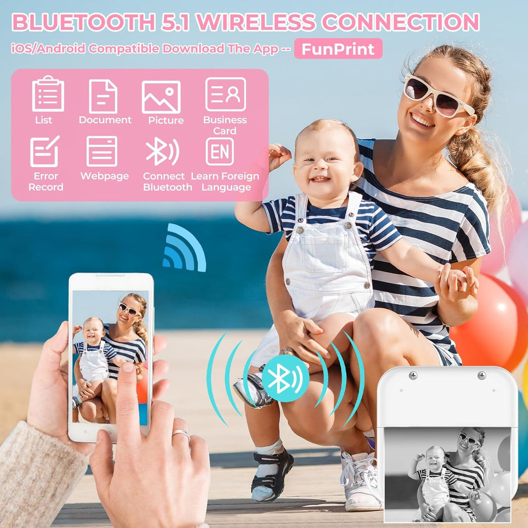 Mini Drucker, Wireless Fotodrucker Thermodrucker, Tragbarer Mini Fotodrucker, Smartphone Bluetooth D
