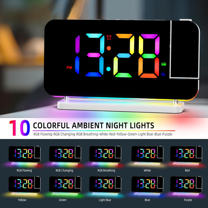 Lancoon Digitaler Wecker mit 180° Projektion Funkuhr 11 RGB Farbdisplay 10 Farben Nachtlicht 15 Stuf