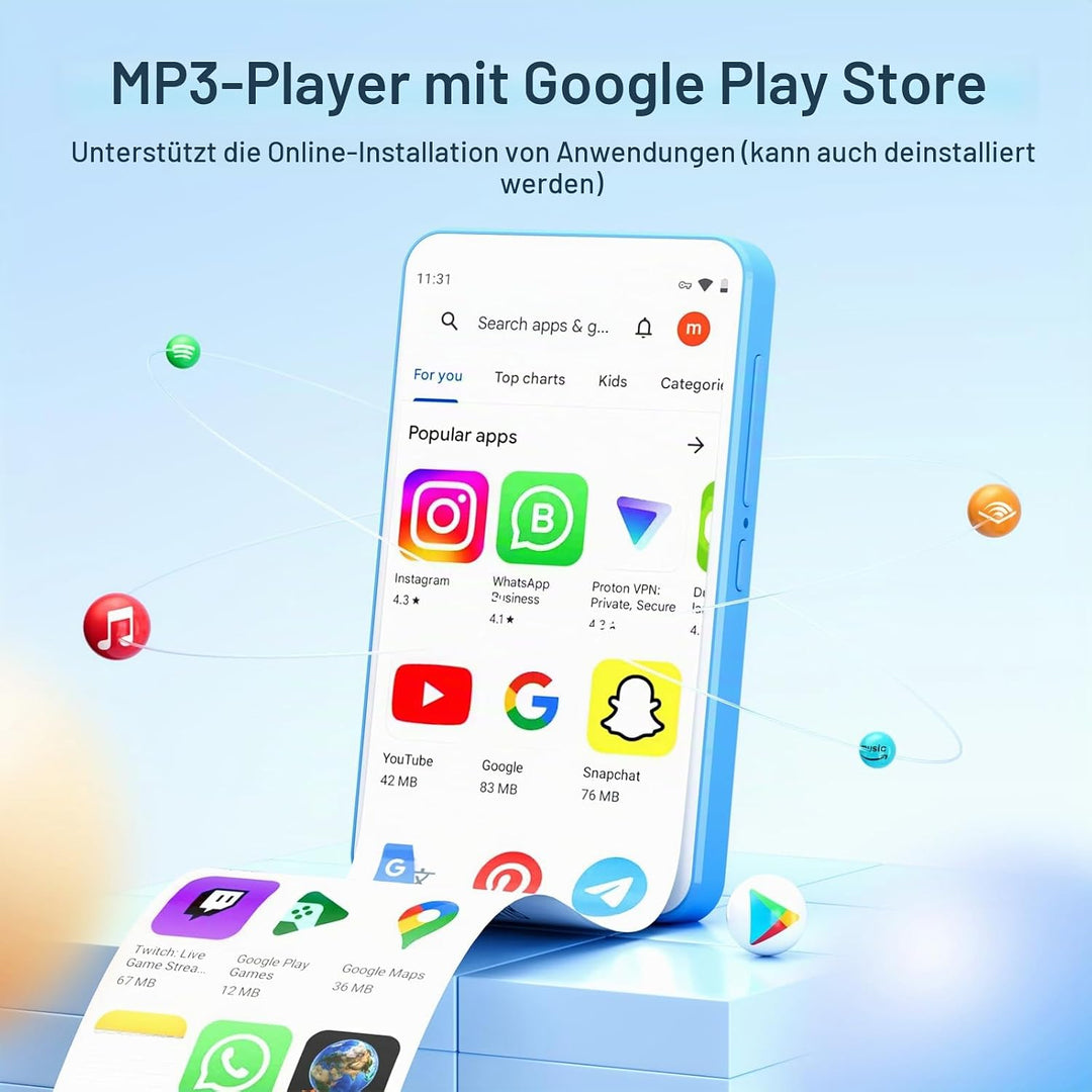 MP3 Player mit Bluetooth und WiFi, Oilsky 80GB 4 Zoll Android 9.0 Mp3, 1080P Touchscreen MP4 Player,