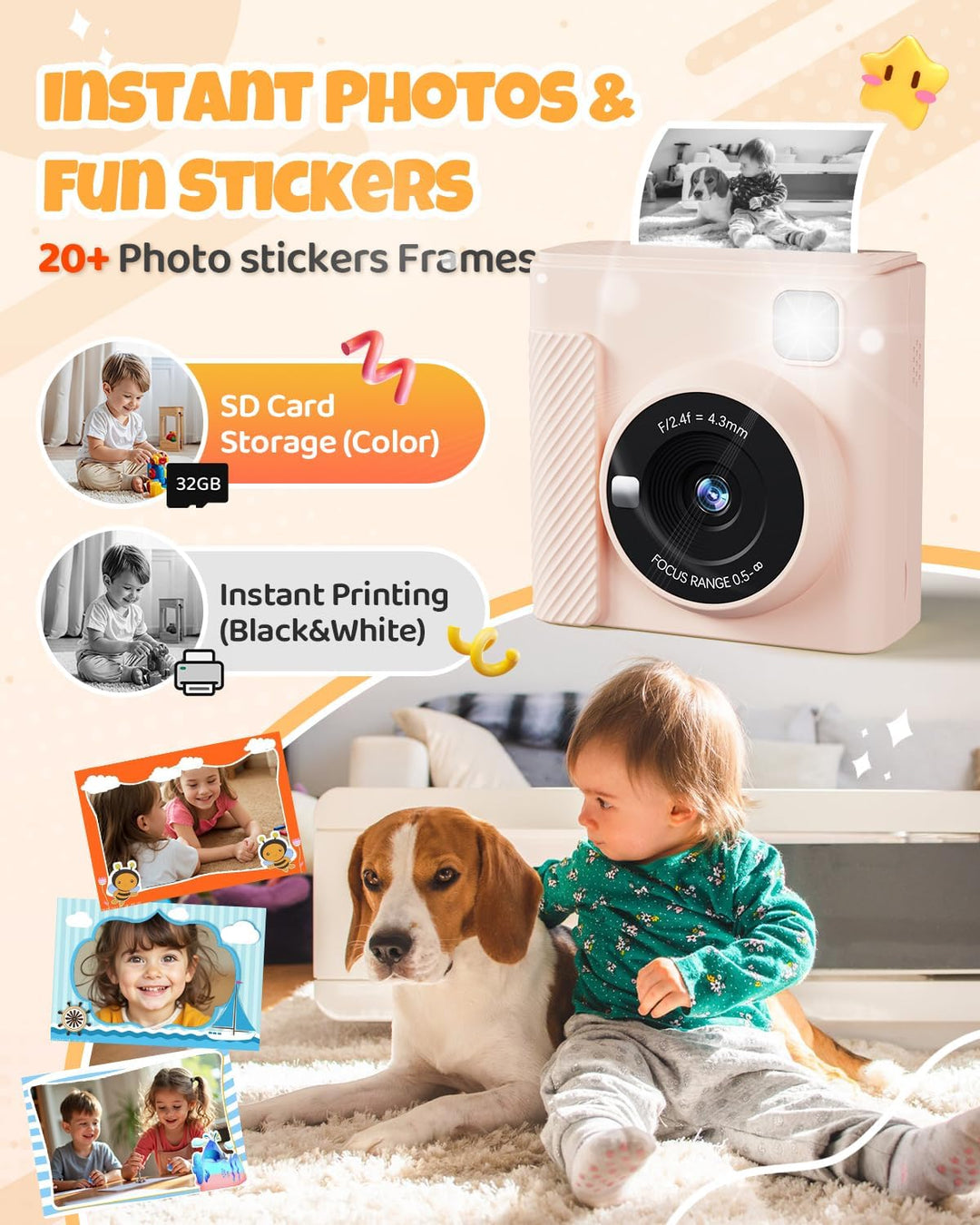 Kinderkamera Sofortbildkamera, 2,4 Zoll Sofortbildkamera Kinder mit 32G Karte und Fotopapier Drucken