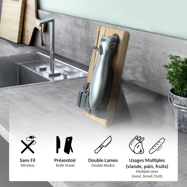 FISHTEC Easy Cut Plus Kabelloses Elektromesser mit Ladegerät und Holzständer zum Schneiden von Brot,
