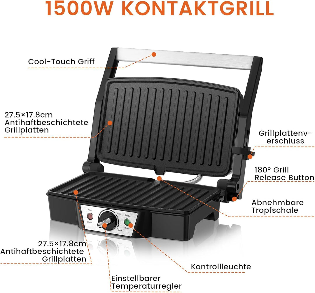 Kontaktgrill Elektrogrill Tischgrill 1500W Sandwichmaker 180° Aufklappbar Kompakt 27.5x17.8cm Panini