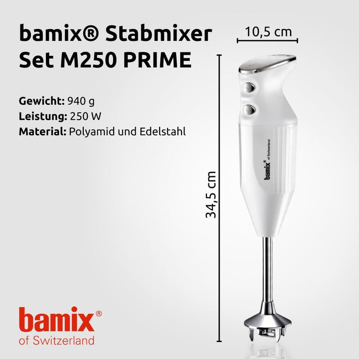 bamix Stabmixer Set M250 PRIME inkl. Multifunktionsmesser, Quirl, Schlagscheibe aus Edelstahl, 250 W