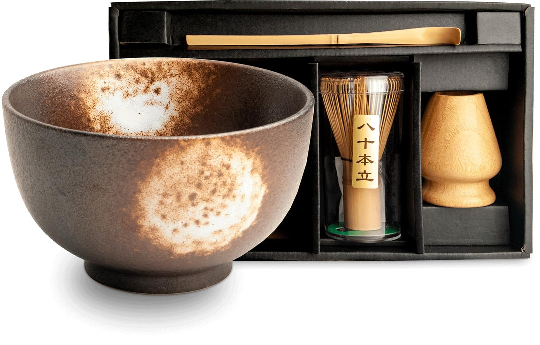 Matcha Set 4 tlg. Original japanische Schale mit Besen & Löffel Edo Japan Geschenkverpackung mit Mat