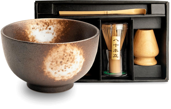 Matcha Set 4 tlg. Original japanische Schale mit Besen & Löffel Edo Japan Geschenkverpackung mit Mat
