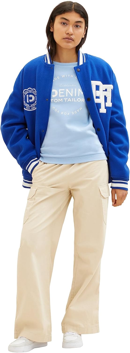 TOM TAILOR Denim Damen Sweater mit Logo-Print & Raffarm M 11139-soft Charming Blue, M 11139-soft Cha