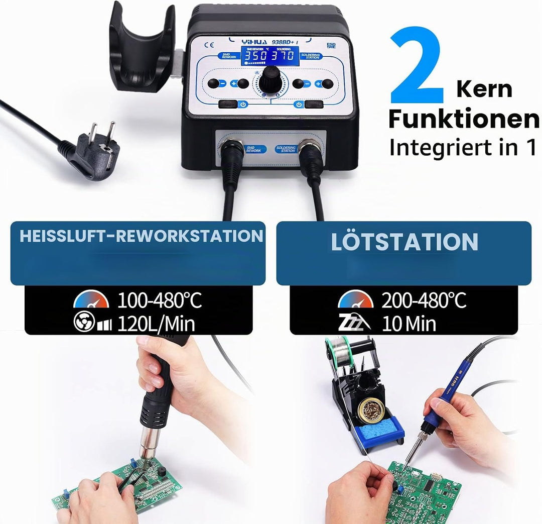 YIHUA 938BD+ I Heissluft lötstation Entlötstation Lötkolben station 2 In 1 mit einstellbarer Temp, T