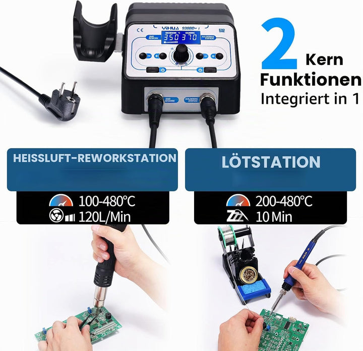 YIHUA 938BD+ I Heissluft lötstation Entlötstation Lötkolben station 2 In 1 mit einstellbarer Temp, T