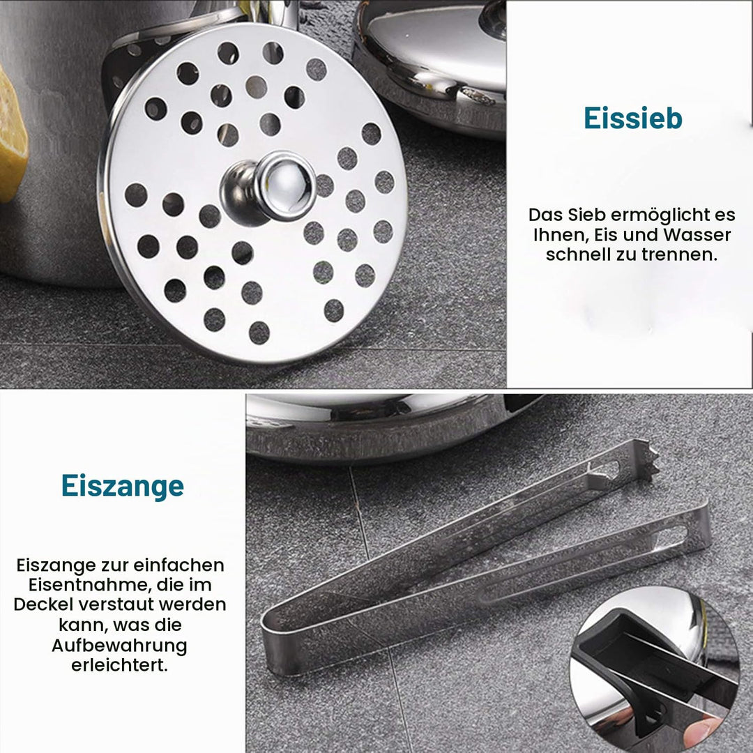 Emsmil 2.2L Eiseimer mit Deckel Zange und Sieb Eiskübel Edelstahl Eisbehälter Sektkühler Eiswürfelbe