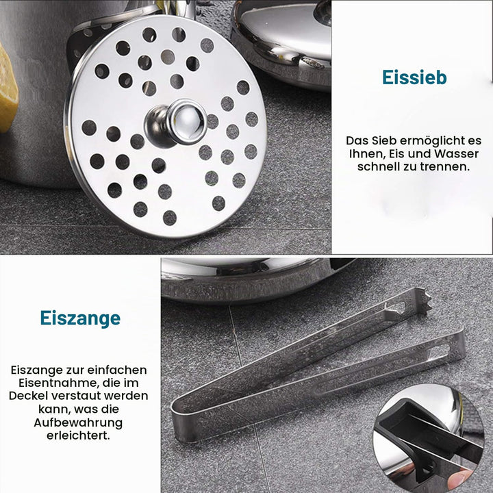 Emsmil 2.2L Eiseimer mit Deckel Zange und Sieb Eiskübel Edelstahl Eisbehälter Sektkühler Eiswürfelbe