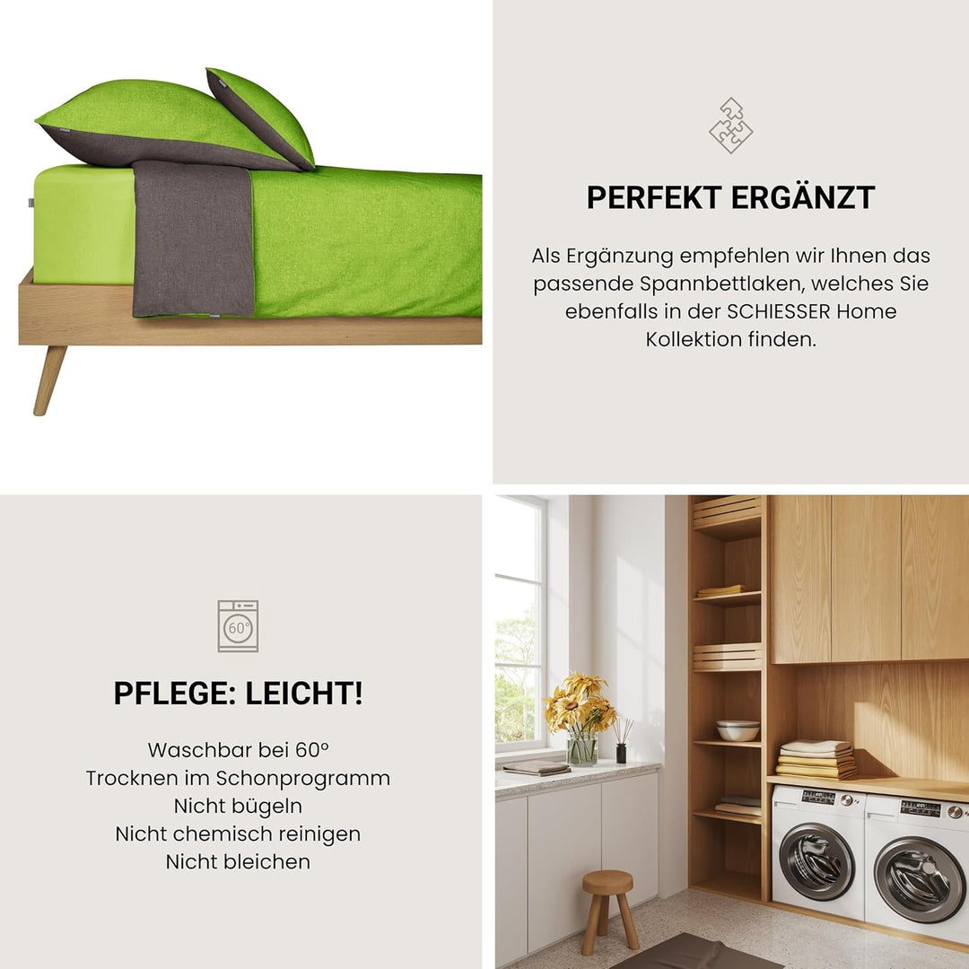 Schiesser Wendebettwäsche Doubleface Grün-Anthrazit, 100% Baumwolle, Grösse:135 x 200 cm + 80 x 80 c