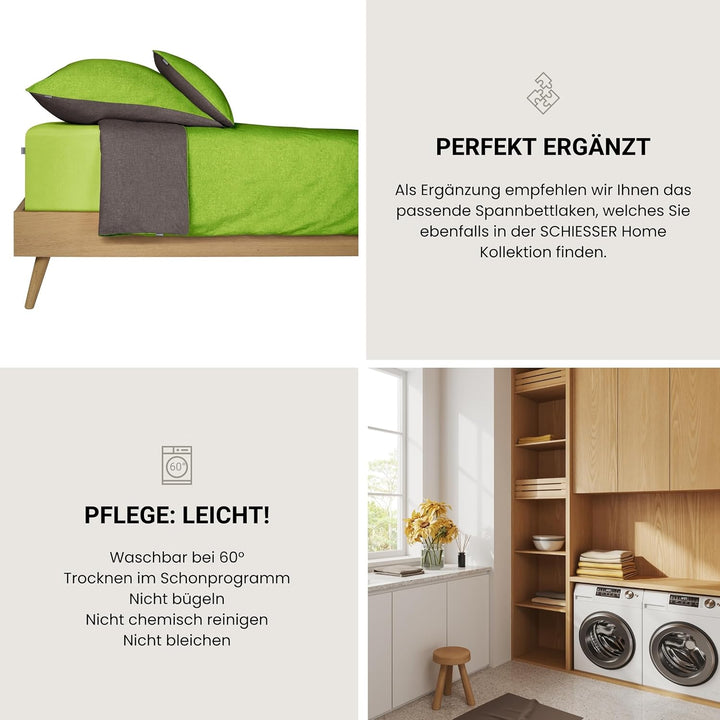 Schiesser Wendebettwäsche Doubleface Grün-Anthrazit, 100% Baumwolle, Grösse:135 x 200 cm + 80 x 80 c