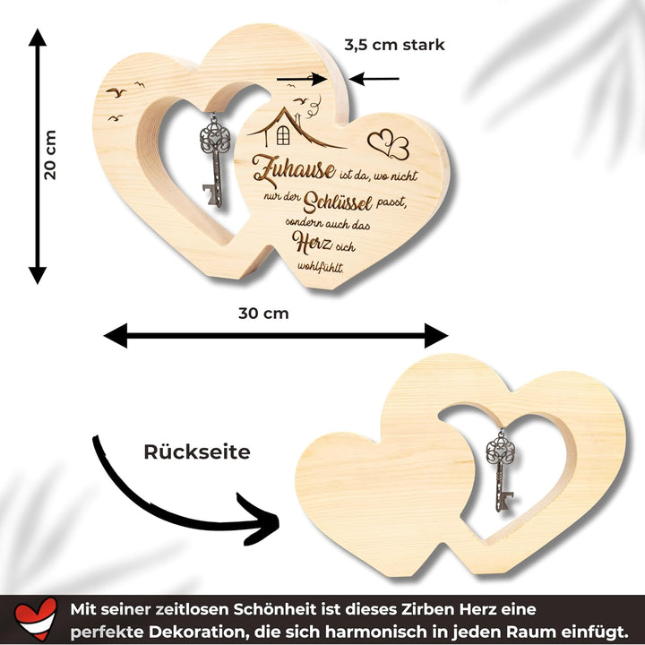 sagl.tirol Geschenkidee zum Einzug I Doppelherz aus Zirbenholz mit Schlüssel I 100% Naturprodukt I E