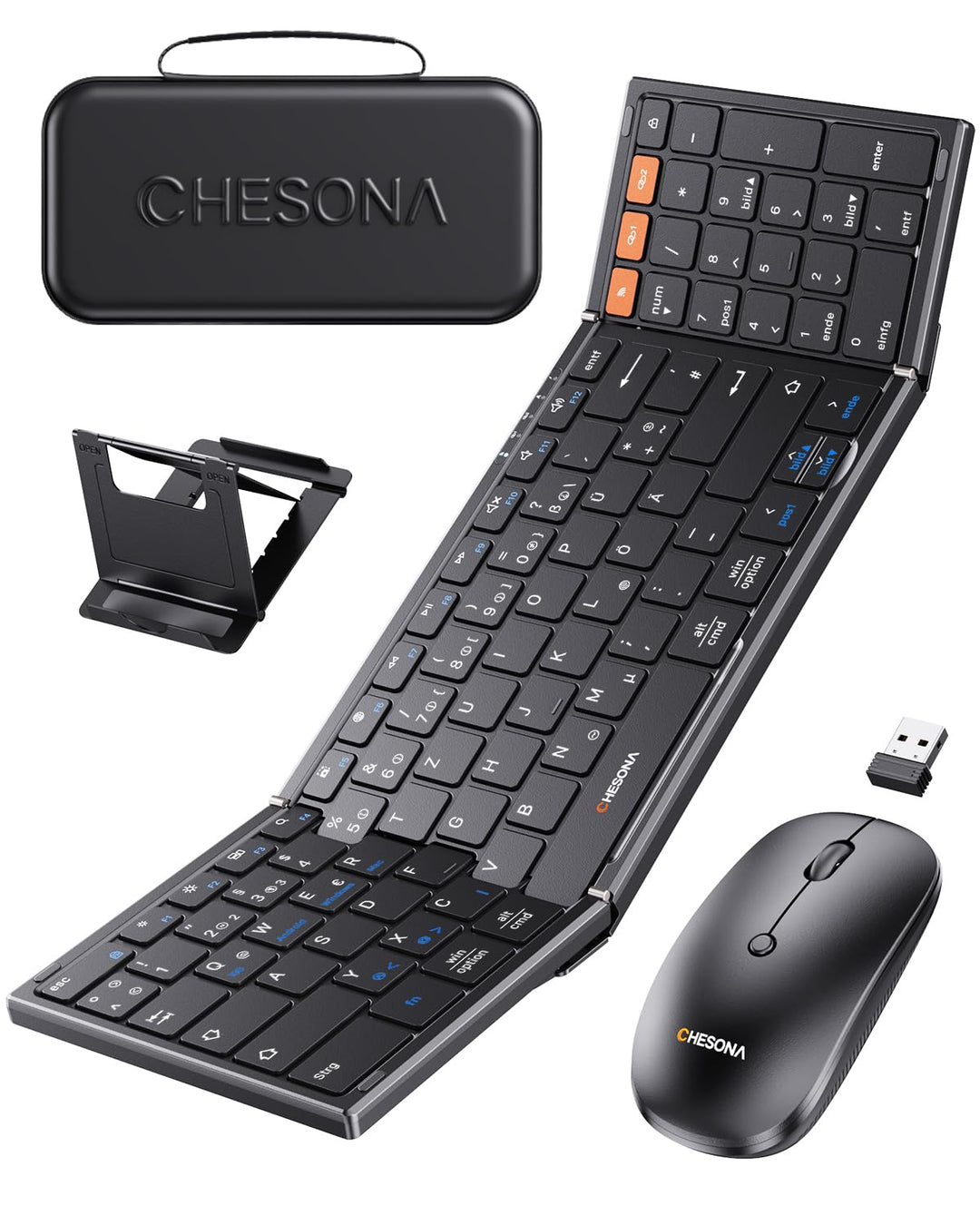 Chesona Faltbare Tastatur und Maus Sets – Ultra Slim 600g mit 2,4 G + Dual-Bluetooth, kompakte kabel