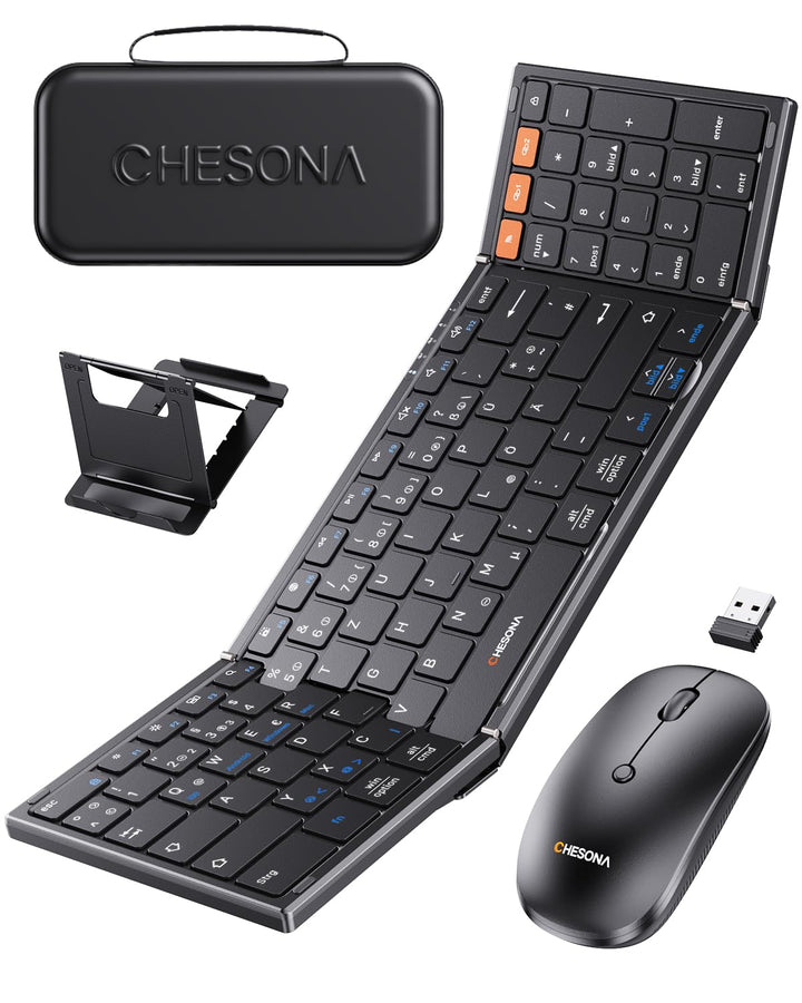Chesona Faltbare Tastatur und Maus Sets – Ultra Slim 600g mit 2,4 G + Dual-Bluetooth, kompakte kabel