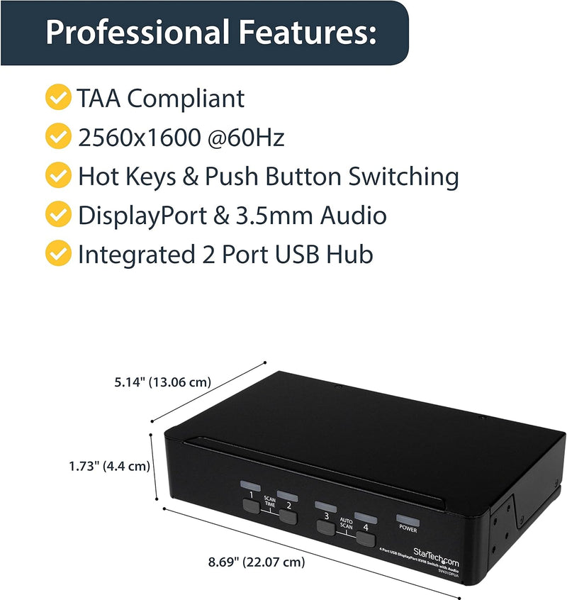 StarTech.com 4 Port DisplayPort USB KVM Switch mit Audio - DisplayPort Desktop KVM Umschalter mit US