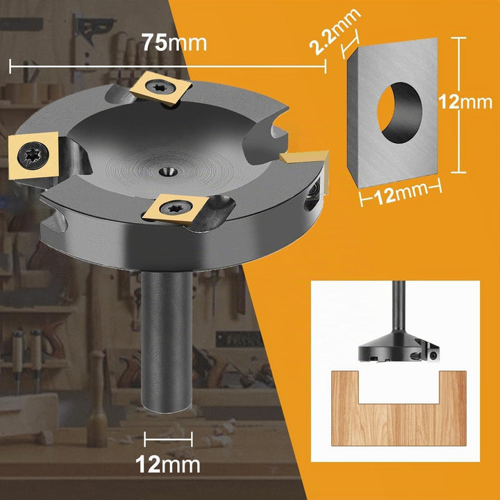 SpeTool Planfräser 12mm Schaft 75mm Schnittdurchmesser mit ATS Beschichtung mit 4 austauschbaren Har