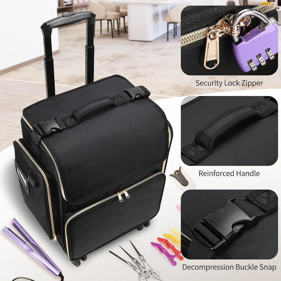 Kosmetikkoffer Trolley mit 360° Drehbaren Rädern, Friseurkoffer mit Abnehmbarer Tasche, Wärmeisolier