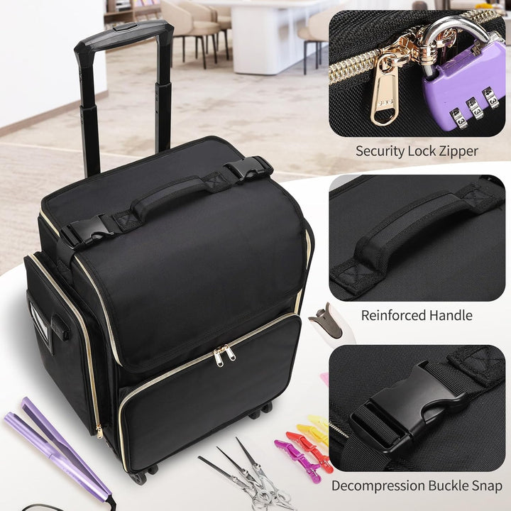 Kosmetikkoffer Trolley mit 360° Drehbaren Rädern, Friseurkoffer mit Abnehmbarer Tasche, Wärmeisolier
