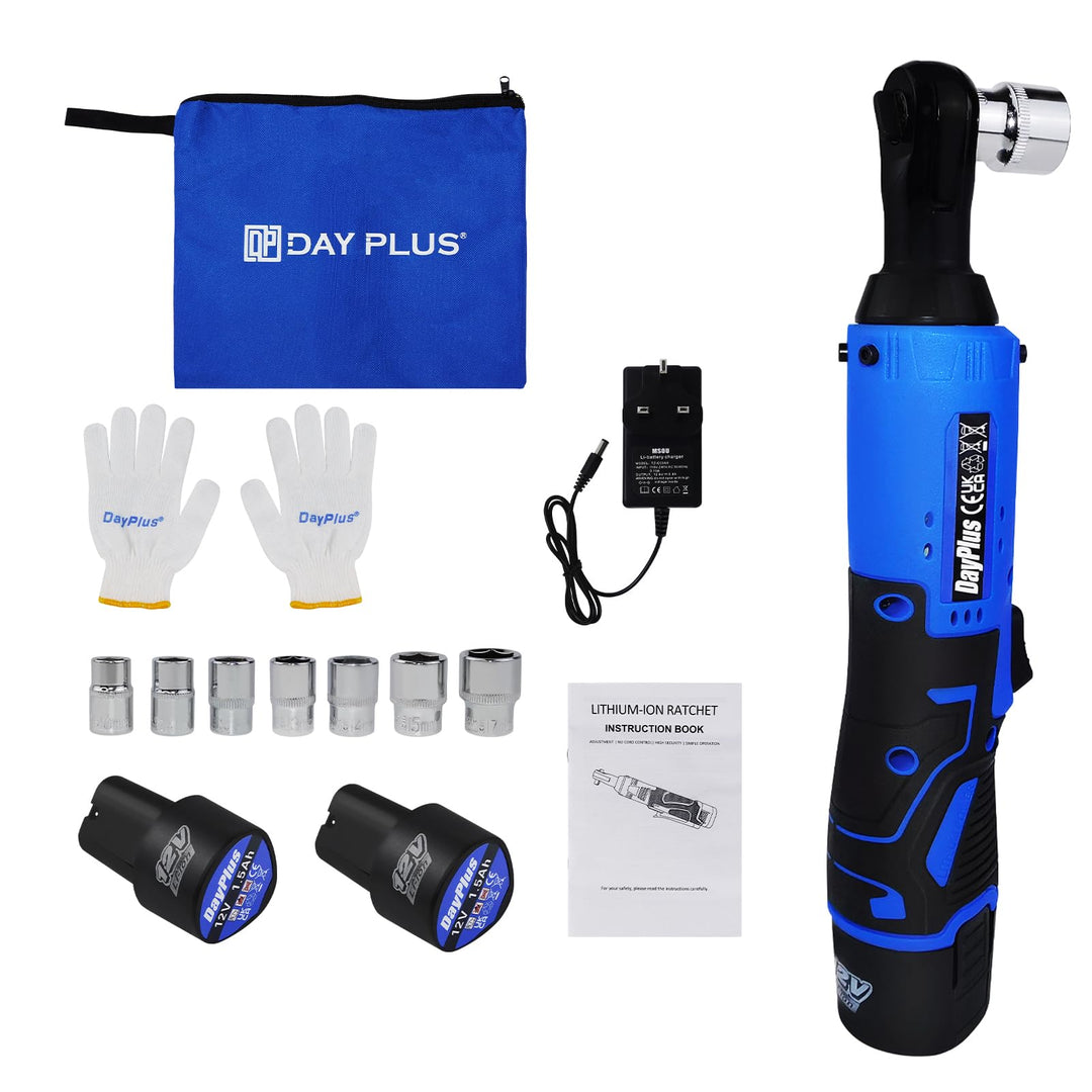 DayPlus 12V Akku-elektrischer Ratschenschlüssel Set mit 2 x 1.5Ah Li-Ionen Batterien und Schnelllade