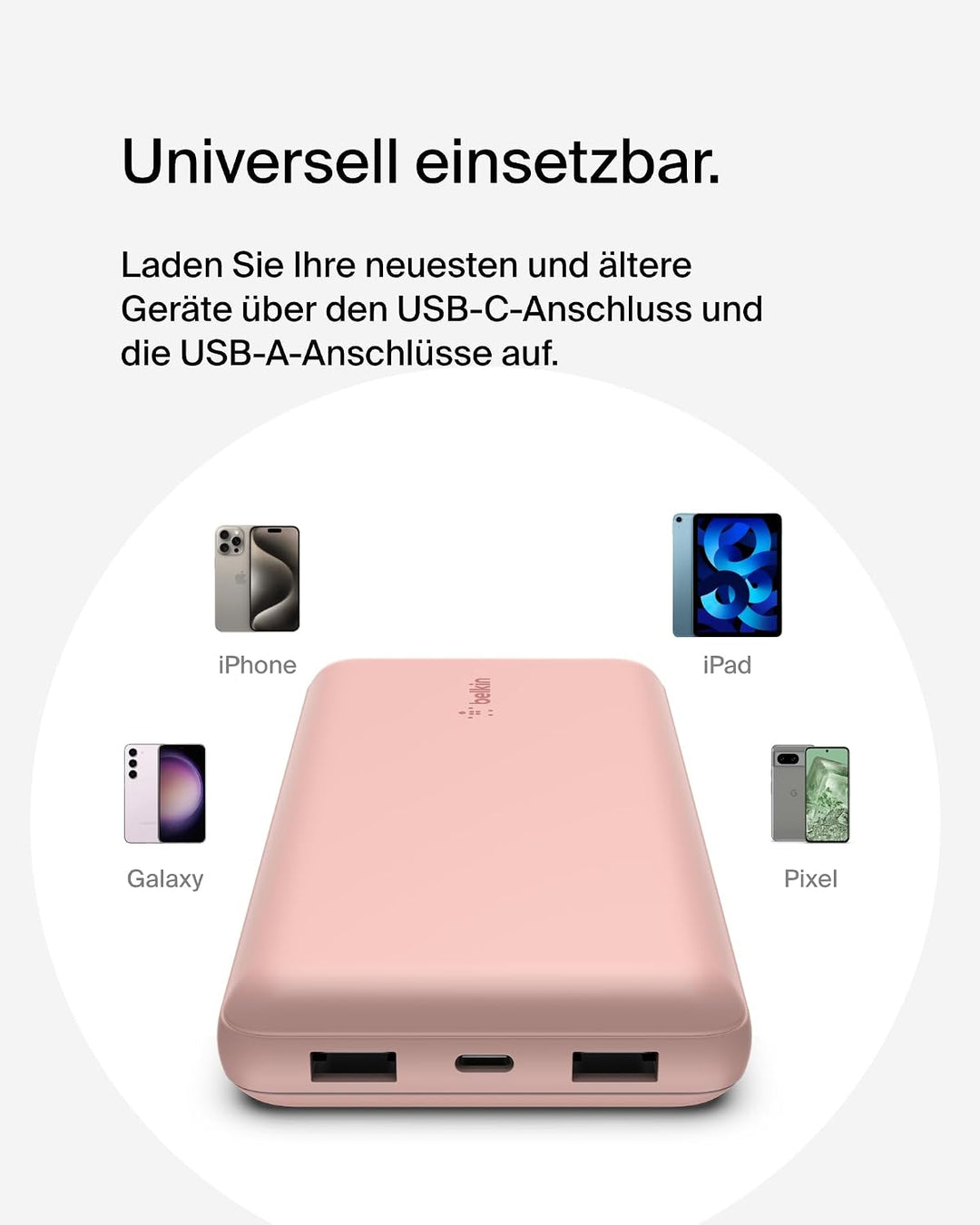 Belkin tragbares USB-C-Ladegerät, 20.000 mAh, 20K Powerbank mit USB-C-Ein-/Ausgang und 2 USB-A-Ansch