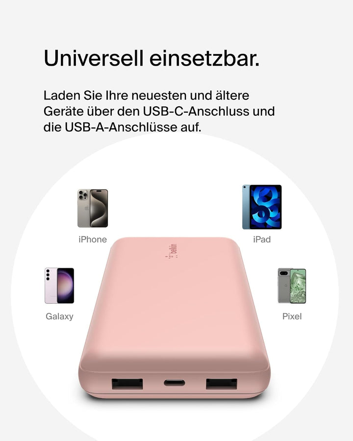 Belkin tragbares USB-C-Ladegerät, 20.000 mAh, 20K Powerbank mit USB-C-Ein-/Ausgang und 2 USB-A-Ansch