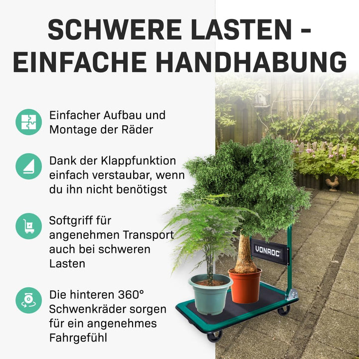 VONROC Transportwagen klappbar 150kg - Plattformwagen als Transporthilfe - Rollwagen mit Griff 150 k