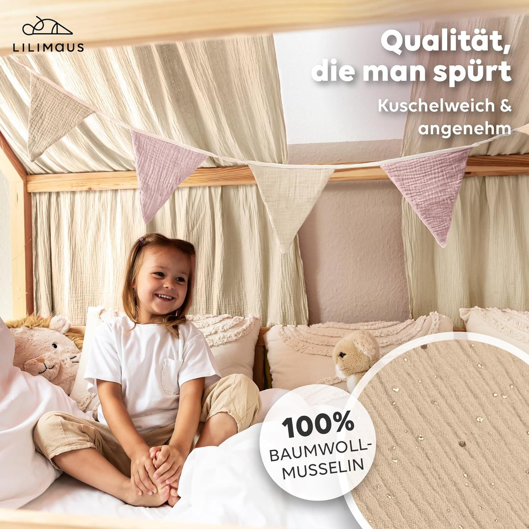 Hausbett Himmel mit Gold Applikation [in 12 Farben] Betthimmel Hausbett aus 100% Baumwolle Musselin