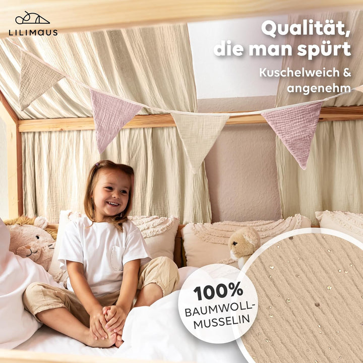 Hausbett Himmel mit Gold Applikation [in 12 Farben] Betthimmel Hausbett aus 100% Baumwolle Musselin