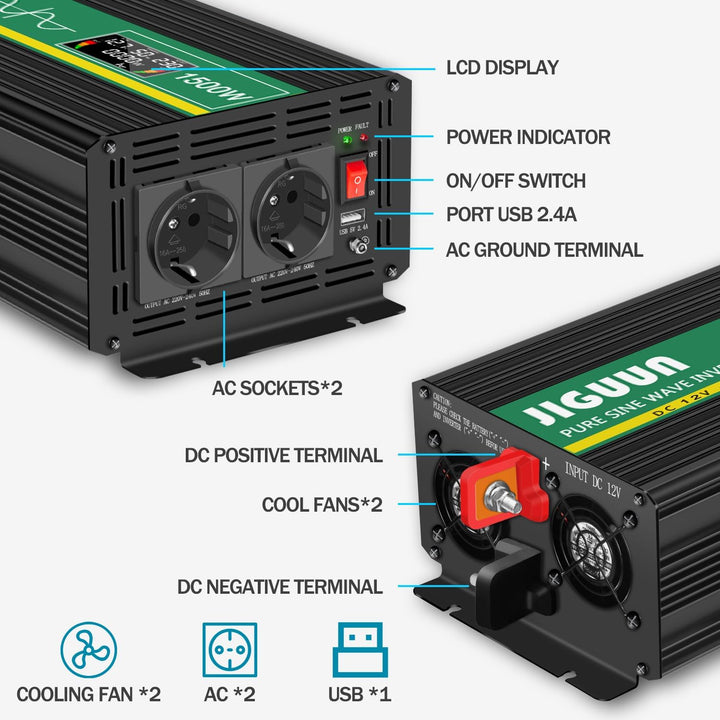 JIGUUN 1500W Wechselrichter Reiner Sinus Spannungswandler 12V 230V Inverter mit 2 EU Steckdosen& 2.1