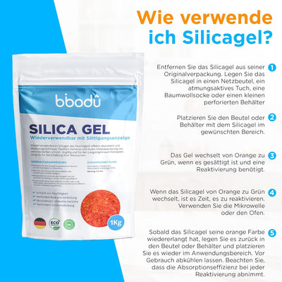BIBODU Silica Gel Orange 1KG | Silikat Trockenmittel Ungiftig | Silica Kugeln Wiederverwendbar mit S