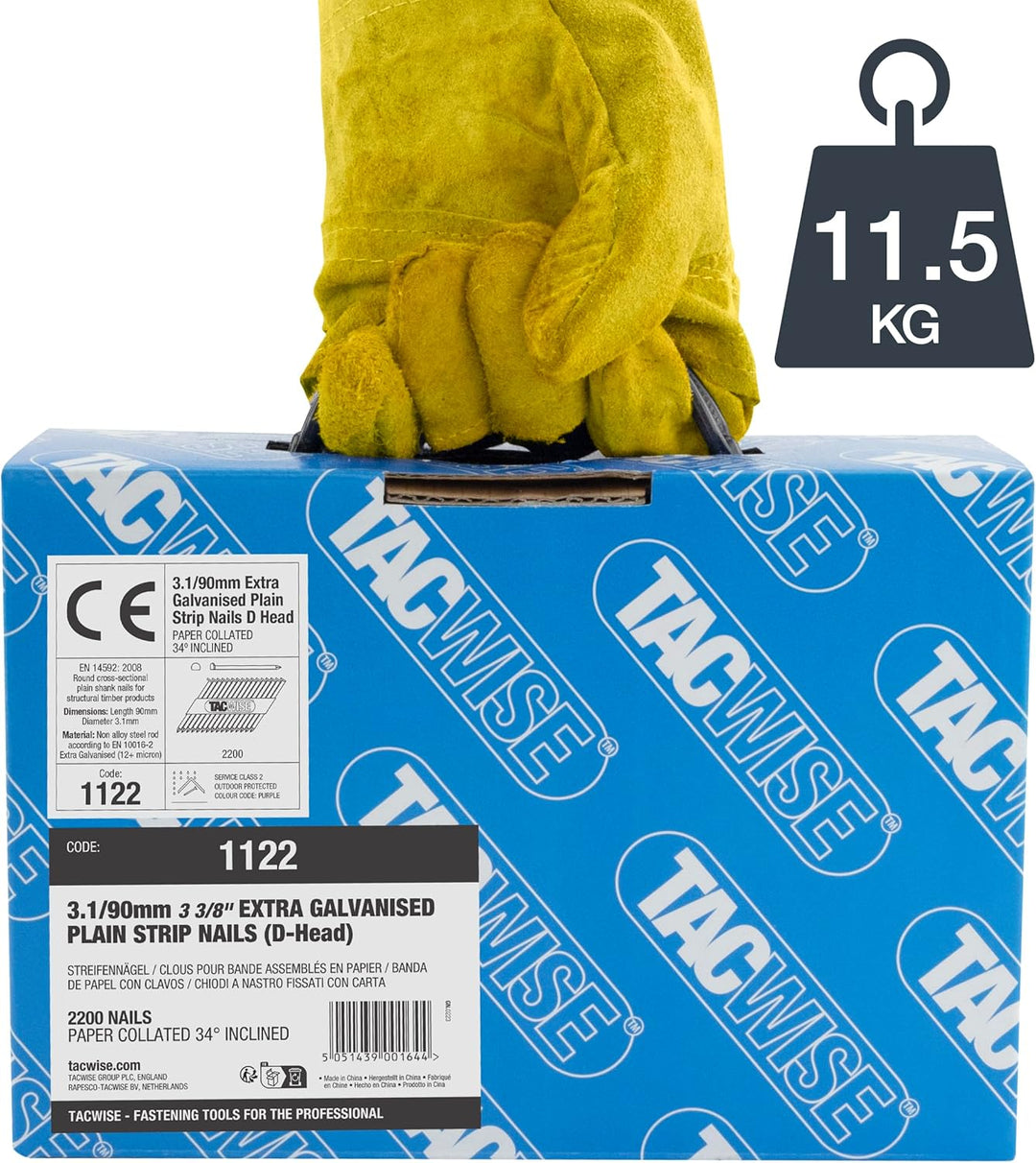 TACWISE 1122 3,1 / 90mm extra verzinkte Streifennägel, D-Kopf, 34° geneigt, papiersortiert, Packung