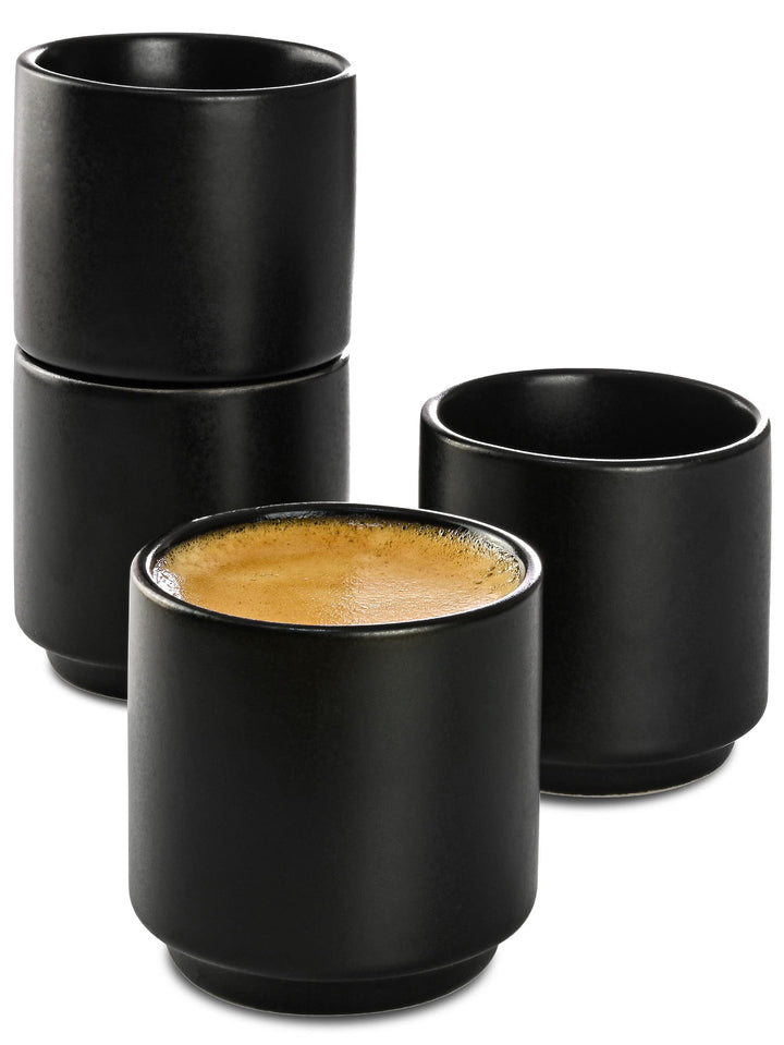 Cosumy Espressotassen Set 4er Schwarz - Espresso Tassen Set ohne Henkel | Stapelbar & Dickwandig - 8