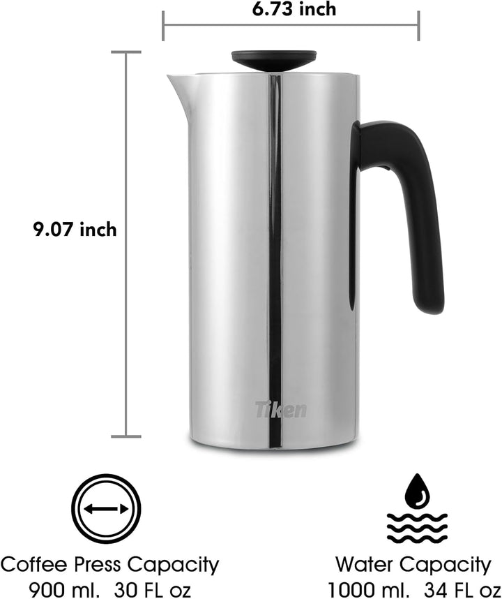 Tiken 1L French Press Edelstahl Double-Wall Vakuum Thermo Kaffeebereite Spülmaschinenfest Silver, Si