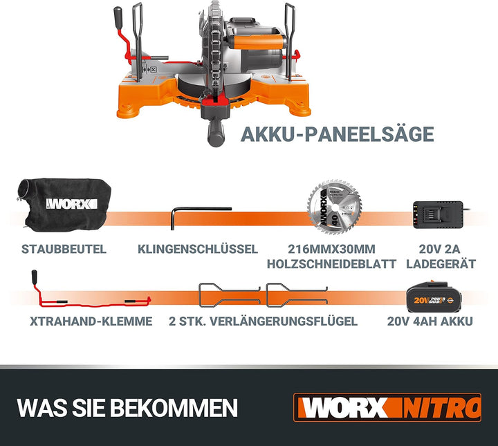 WORX WX845 Akku-Zug-, Kapp- und Gehrungssäge 20V – Multifunktionssäge für zahlreiche Schnittarbeiten