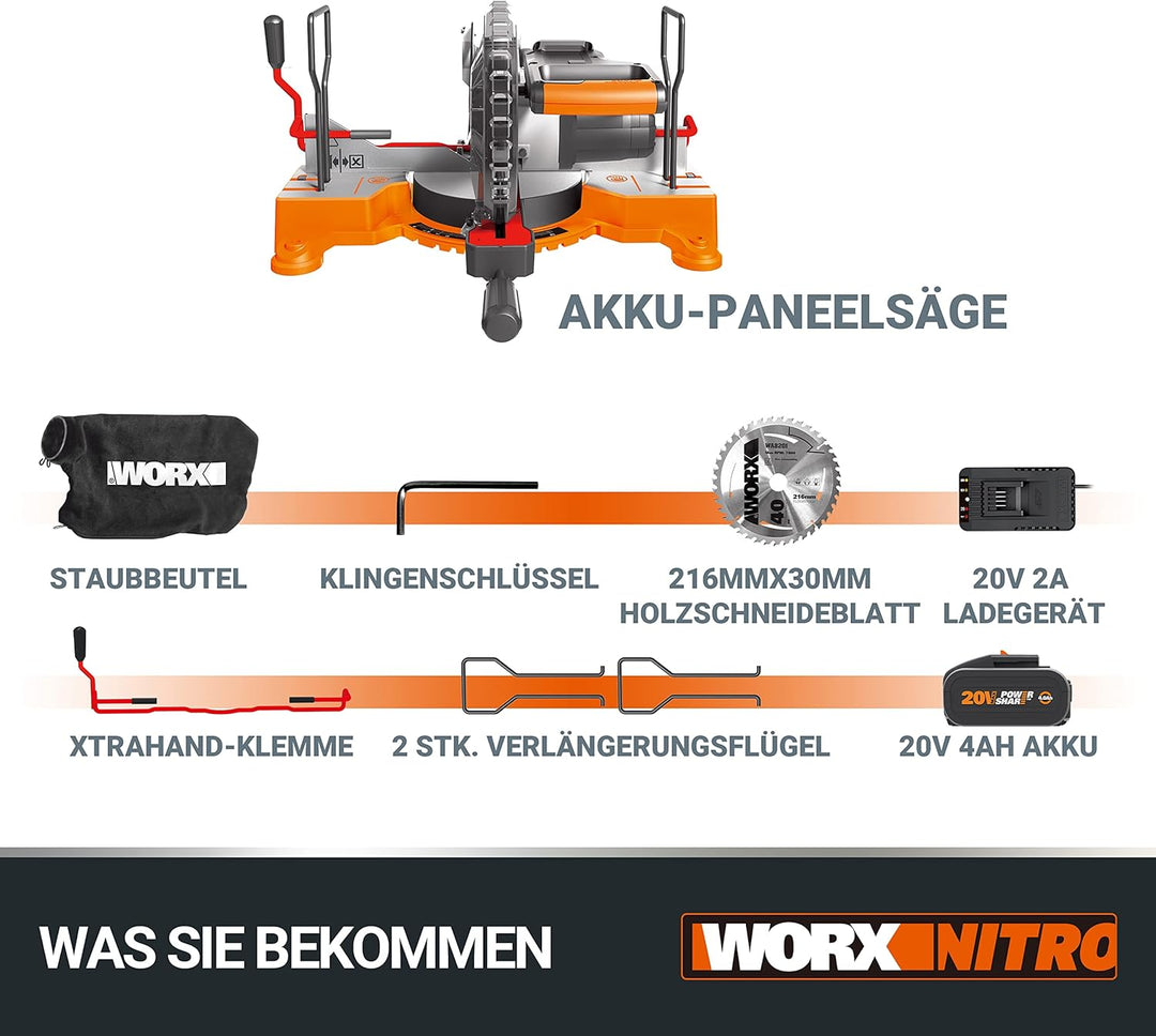 WORX WX845 Akku-Zug-, Kapp- und Gehrungssäge 20V – Multifunktionssäge für zahlreiche Schnittarbeiten