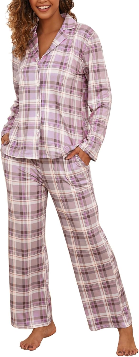 Famulily Frauen Langarm Pyjama Set Plaid Loungewear Sets Button Up Top und Wide Leg Hosen S-XXL XL R
