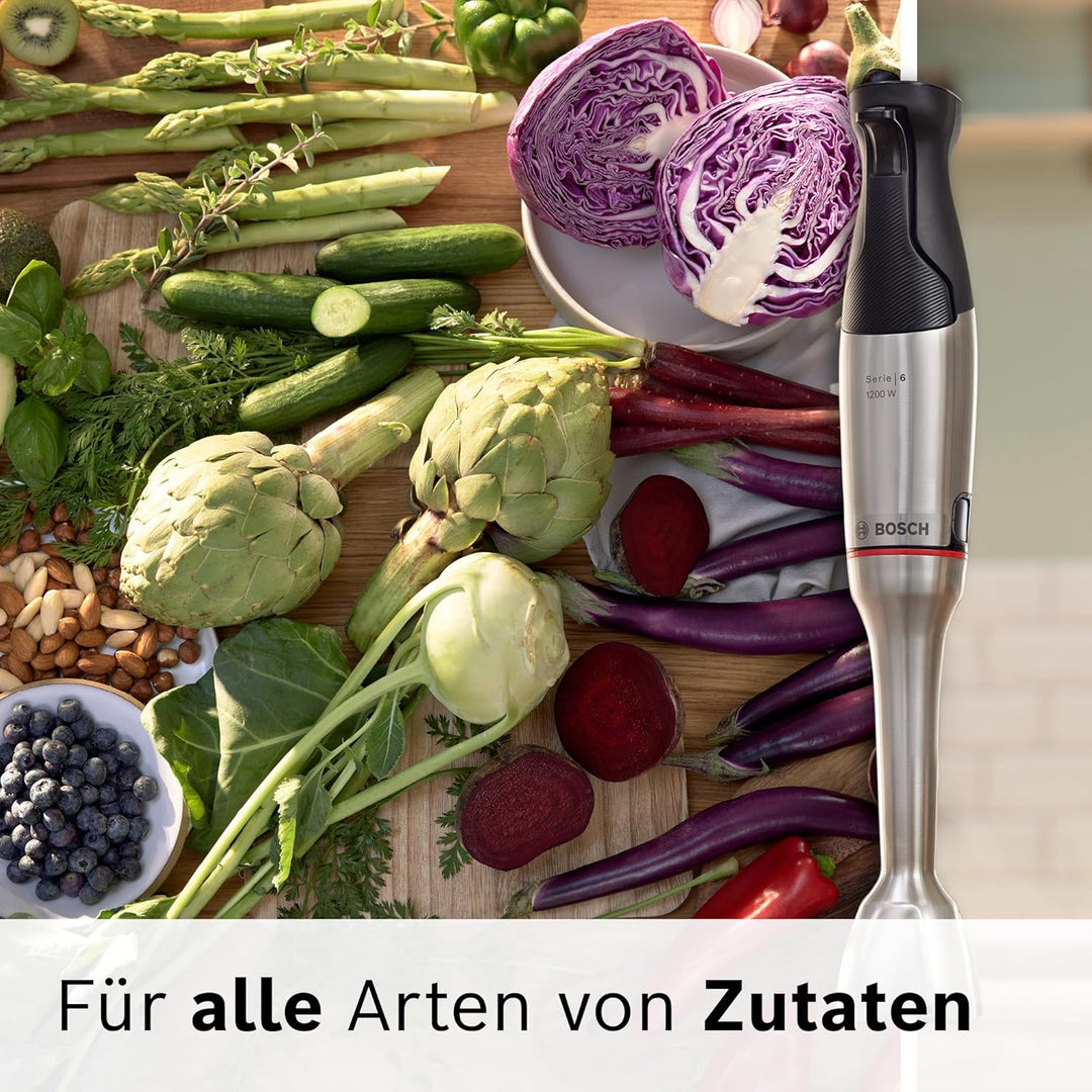 Bosch Stabmixer ErgoMaster Serie 6, einhändig bedienbar, 4 Edelstahl-Klingen, Zerkleinerer, Schneebe