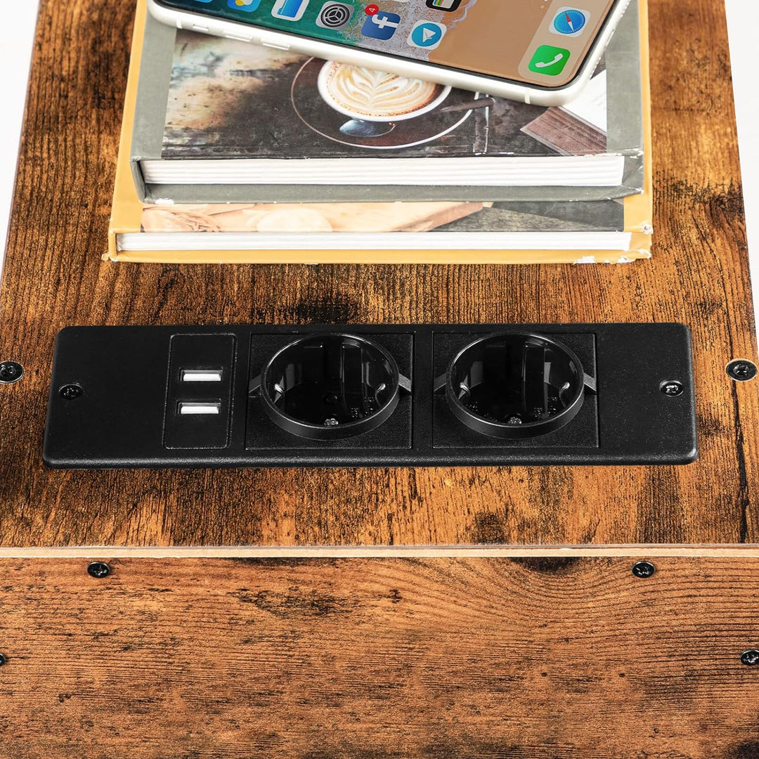 HOOBRO Beistelltisch mit Ladestation, Sofatisch mit 2 Schubladen und USB-Anschluss und Steckdose, Na