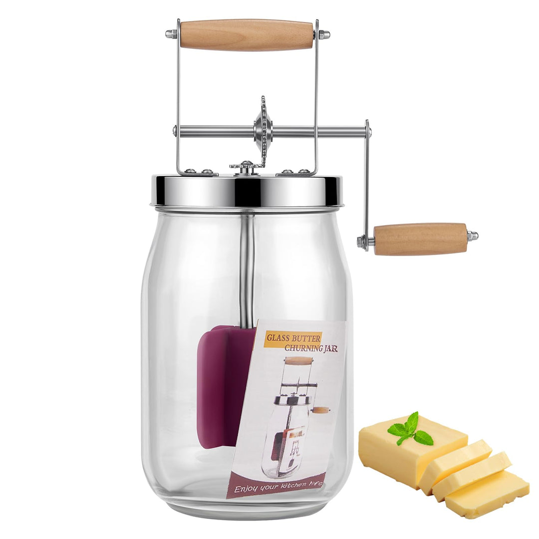 Butterfass Glas mit Handkurbel, 1,5L Butterfass Zum Butter Machen Mit Holzgriff Edelstahlgetriebe Ma