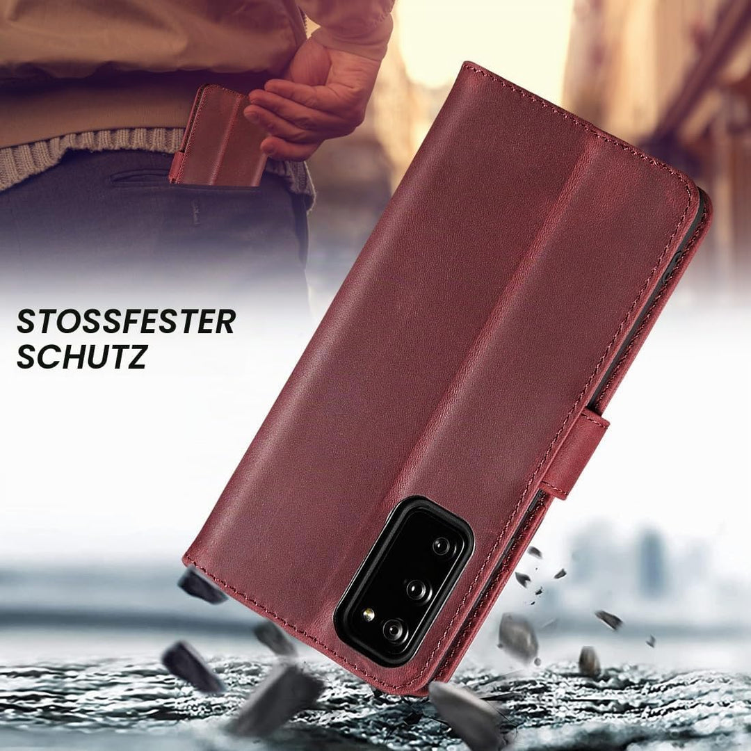LENSUN Lederhülle für Samsung Galaxy S20 FE, Echtleder Hülle [Wallet Fach][RFID Blocker][Premium Ech
