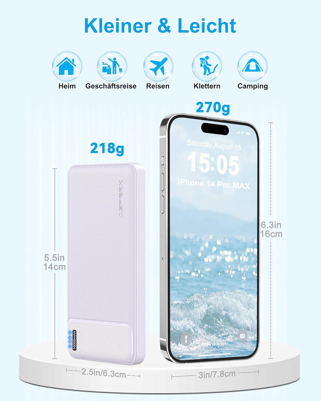 AsperX Power Bank 10000mAh 2 Stück, Slim Klein Aber Stark Externer Handyakkus, USB C Eingang und Aus