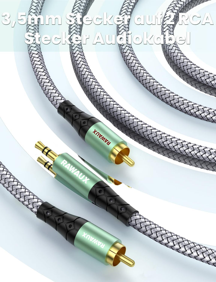 RAWAUX Cinch Kabel 3M, Klinke auf Cinch Kabel Cinch Subwoofer Kabel Adapter 3.5mm Klinke auf 2 x Cin