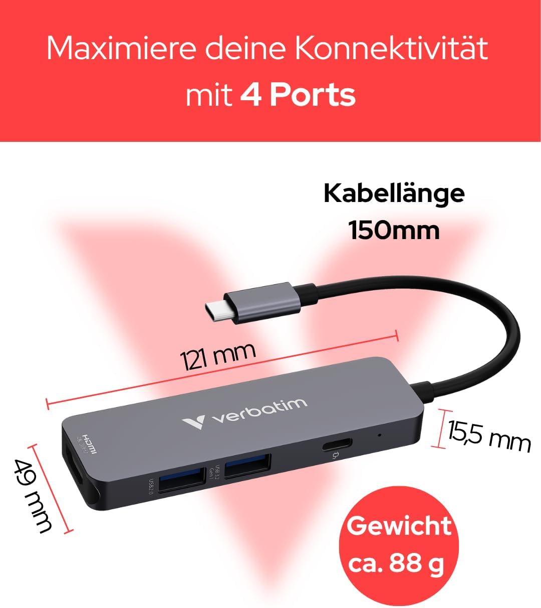 Verbatim USB-C Essentials Multiport Hub - 4 Ports: (1) USB-A 2.0, (1) USB-A 3.0/3.2 Gen 1, (1) USB-C