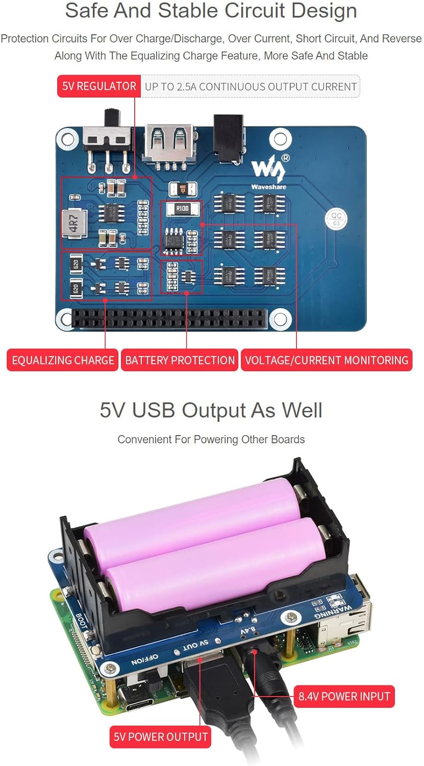 Waveshare UPS HAT Compatible with Raspberry Pi 5V Uninterruptible Power Supply Multi Battery Protect