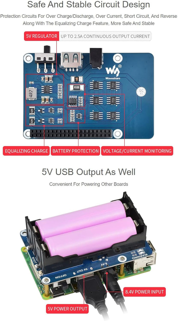 Waveshare UPS HAT Compatible with Raspberry Pi 5V Uninterruptible Power Supply Multi Battery Protect