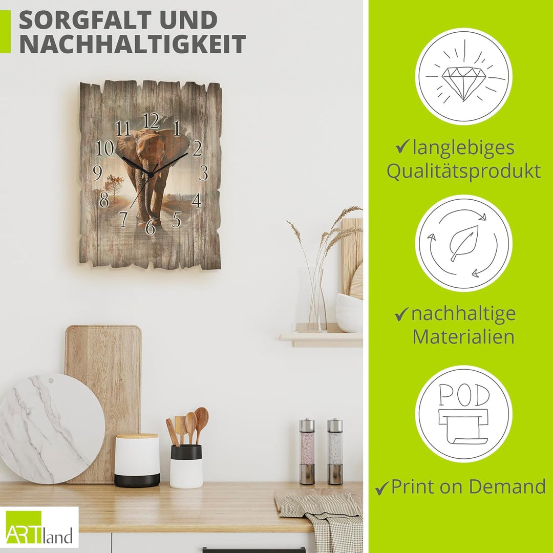 ARTLAND Wanduhr ohne Tickgeräusche aus Holz Funk Uhr 30x40 cm Rechteckig Lautlos Afrika Elefant Tier