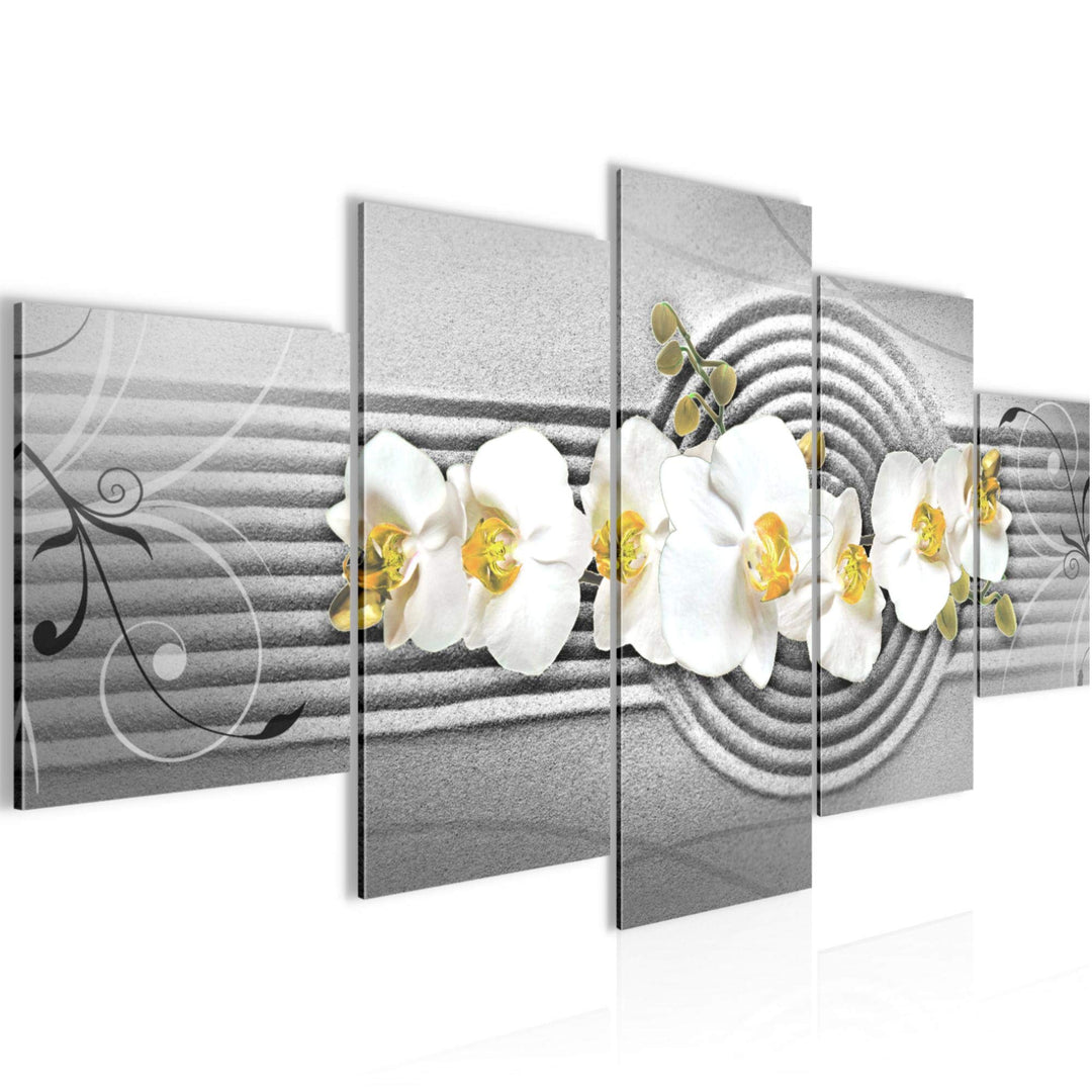 Runa Art Wandbilder Blumen Orchidee 5 Teilig Bild auf Vlies Leinwand Deko Wohnzimmer Sand Grau Gelb