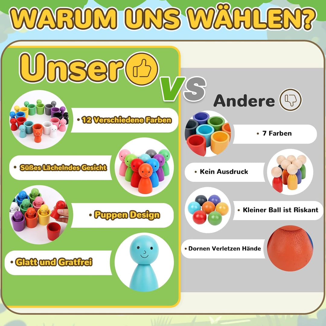 Montessori Spielzeug ab 3 Jahr, Holz Sortier Stapelsteine Spielzeug, 12 Kugeln Regenbogen Holzkugeln